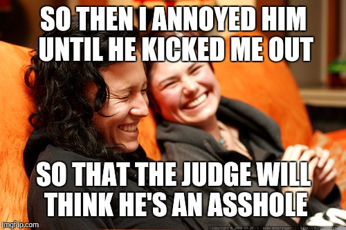 SO THEN I ANNOYED HIM UNTIL HE KICKED ME OUT SO THAT THE JUDGE WILL THINK HE'S AN ASSHOLE | made w/ Imgflip meme maker