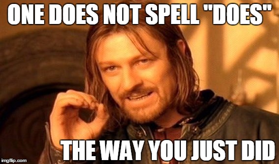 One Does Not Simply Meme | ONE DOES NOT SPELL "DOES" THE WAY YOU JUST DID | image tagged in memes,one does not simply | made w/ Imgflip meme maker