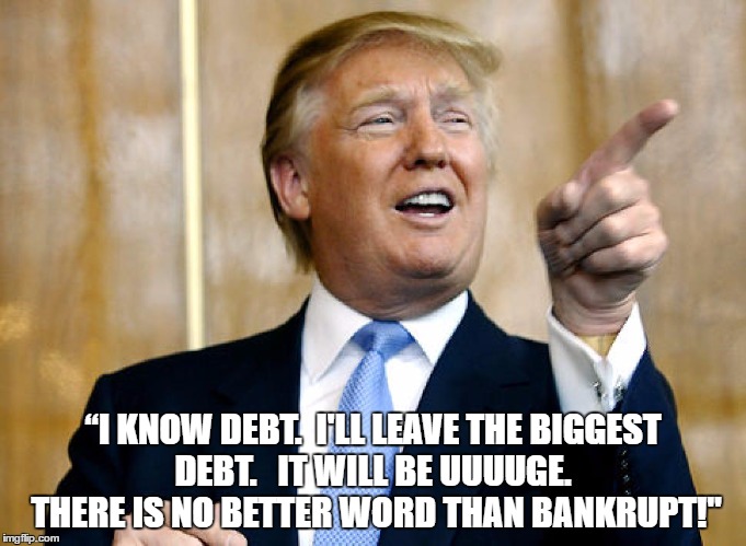 Donald Trump Pointing | “I KNOW DEBT.  I'LL LEAVE THE BIGGEST DEBT.   IT WILL BE UUUUGE.  THERE IS NO BETTER WORD THAN BANKRUPT!" | image tagged in donald trump pointing | made w/ Imgflip meme maker