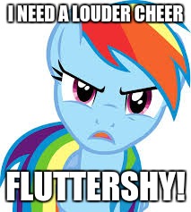 Angry Rainbow Dash | I NEED A LOUDER CHEER; FLUTTERSHY! | image tagged in angry rainbow dash | made w/ Imgflip meme maker