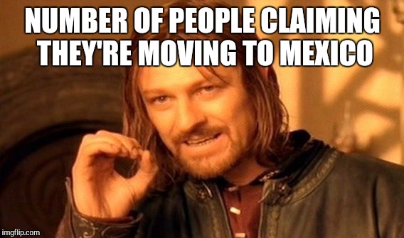 One Does Not Simply Meme | NUMBER OF PEOPLE CLAIMING THEY'RE MOVING TO MEXICO | image tagged in memes,one does not simply | made w/ Imgflip meme maker