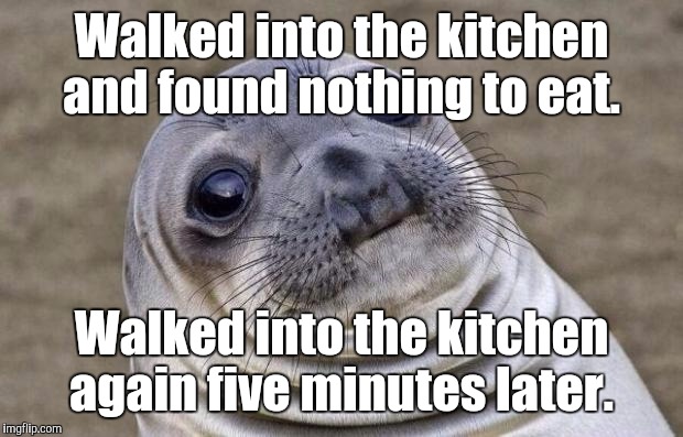 Awkward Moment Sealion Meme | Walked into the kitchen and found nothing to eat. Walked into the kitchen again five minutes later. | image tagged in memes,awkward moment sealion | made w/ Imgflip meme maker