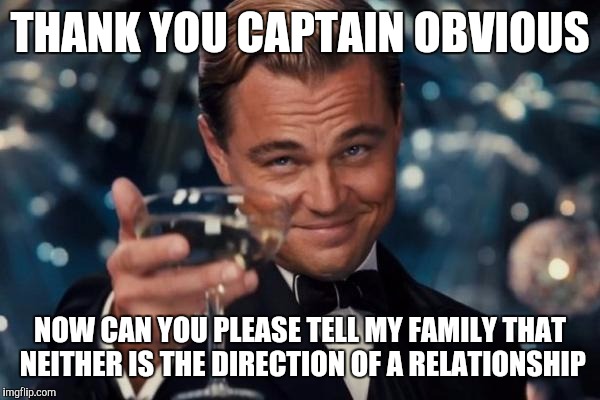 Leonardo Dicaprio Cheers Meme | THANK YOU CAPTAIN OBVIOUS NOW CAN YOU PLEASE TELL MY FAMILY THAT NEITHER IS THE DIRECTION OF A RELATIONSHIP | image tagged in memes,leonardo dicaprio cheers | made w/ Imgflip meme maker