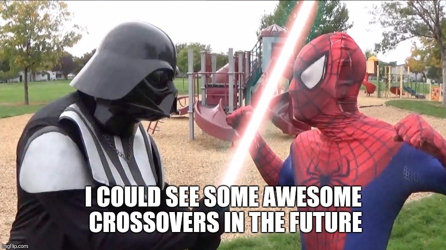 Disney owns Marvel and Star Wars | I COULD SEE SOME AWESOME CROSSOVERS IN THE FUTURE | image tagged in memes,darth vader,spiderman | made w/ Imgflip meme maker