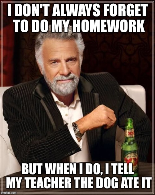 The Most Interesting Man In The World Meme | I DON'T ALWAYS FORGET TO DO MY HOMEWORK BUT WHEN I DO, I TELL MY TEACHER THE DOG ATE IT | image tagged in memes,the most interesting man in the world | made w/ Imgflip meme maker