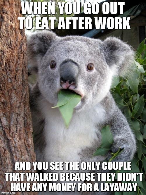 Surprised Koala Meme | WHEN YOU GO OUT TO EAT AFTER WORK; AND YOU SEE THE ONLY COUPLE THAT WALKED BECAUSE THEY DIDN'T HAVE ANY MONEY FOR A LAYAWAY | image tagged in memes,surprised koala | made w/ Imgflip meme maker