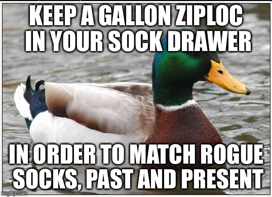 Actual Advice Mallard | KEEP A GALLON ZIPLOC IN YOUR SOCK DRAWER; IN ORDER TO MATCH ROGUE SOCKS, PAST AND PRESENT | image tagged in memes,actual advice mallard,AdviceAnimals | made w/ Imgflip meme maker