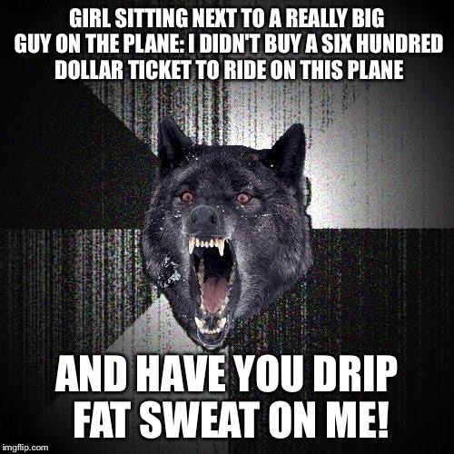 Insanity Wolf Meme | GIRL SITTING NEXT TO A REALLY BIG GUY ON THE PLANE: I DIDN'T BUY A SIX HUNDRED DOLLAR TICKET TO RIDE ON THIS PLANE; AND HAVE YOU DRIP FAT SWEAT ON ME! | image tagged in memes,insanity wolf,AdviceAnimals | made w/ Imgflip meme maker
