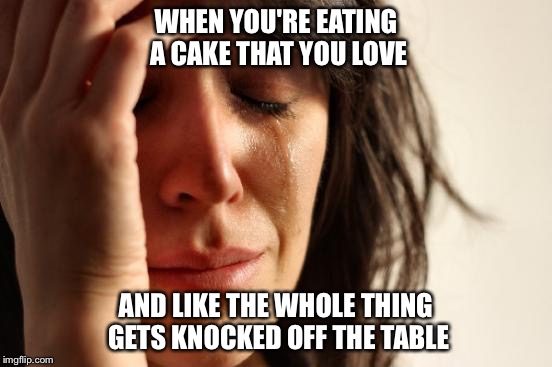First World Problems | WHEN YOU'RE EATING A CAKE THAT YOU LOVE; AND LIKE THE WHOLE THING GETS KNOCKED OFF THE TABLE | image tagged in memes,first world problems | made w/ Imgflip meme maker