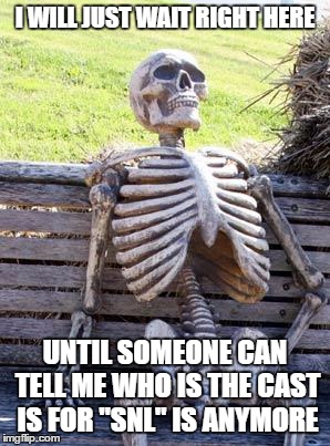 Waiting Skeleton Meme | I WILL JUST WAIT RIGHT HERE; UNTIL SOMEONE CAN TELL ME WHO IS THE CAST IS FOR "SNL" IS ANYMORE | image tagged in memes,waiting skeleton | made w/ Imgflip meme maker