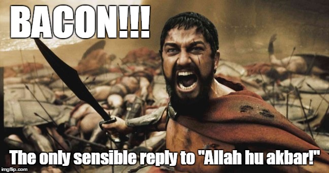 Bacon!! | BACON!!! The only sensible reply to "Allah hu akbar!" | image tagged in funny meme | made w/ Imgflip meme maker