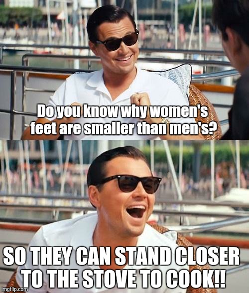 Leonardo Dicaprio Wolf Of Wall Street | Do you know why women's feet are smaller than men's? SO THEY CAN STAND CLOSER TO THE STOVE TO COOK!! | image tagged in memes,leonardo dicaprio wolf of wall street | made w/ Imgflip meme maker