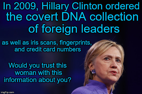 I wonder what she wants with all this information?  Hmmm. . . .  | In 2009, Hillary Clinton ordered; the covert DNA collection of foreign leaders; as well as iris scans, fingerprints, and credit card numbers; Would you trust this woman with this information about you? | image tagged in memes,hillary clinton,dna,spies,election 2016 | made w/ Imgflip meme maker