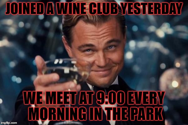 Leonardo Dicaprio Cheers Meme | JOINED A WINE CLUB YESTERDAY; WE MEET AT 9:00 EVERY MORNING IN THE PARK | image tagged in memes,leonardo dicaprio cheers | made w/ Imgflip meme maker