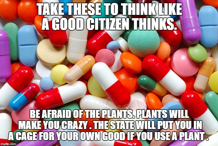 Drugs | TAKE THESE TO THINK LIKE A GOOD CITIZEN THINKS. BE AFRAID OF THE PLANTS. PLANTS WILL MAKE YOU CRAZY . THE STATE WILL PUT YOU IN A CAGE FOR YOUR OWN GOOD IF YOU USE A PLANT . | image tagged in drugs | made w/ Imgflip meme maker