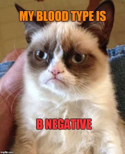 Grumpy Cat Meme | MY BLOOD TYPE IS B NEGATIVE | image tagged in memes,grumpy cat | made w/ Imgflip meme maker