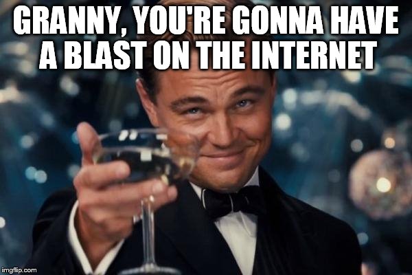 Leonardo Dicaprio Cheers Meme | GRANNY, YOU'RE GONNA HAVE A BLAST ON THE INTERNET | image tagged in memes,leonardo dicaprio cheers | made w/ Imgflip meme maker