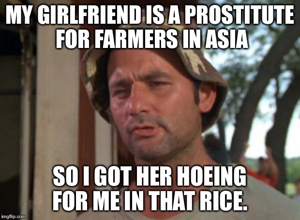 So I Got That Goin For Me Which Is Nice Meme | MY GIRLFRIEND IS A PROSTITUTE FOR FARMERS IN ASIA; SO I GOT HER HOEING FOR ME IN THAT RICE. | image tagged in memes,so i got that goin for me which is nice | made w/ Imgflip meme maker