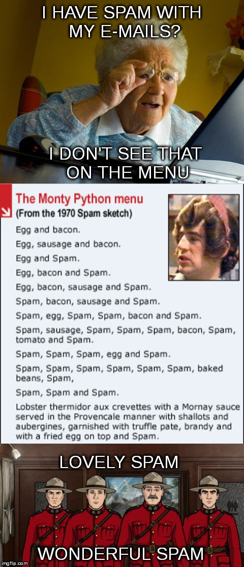 Granma got spam, spam, e-mails, and spam | I HAVE SPAM WITH MY E-MAILS? I DON'T SEE THAT ON THE MENU; LOVELY SPAM; WONDERFUL SPAM | image tagged in e-mail,spam,grandma finds the internet,monty python | made w/ Imgflip meme maker