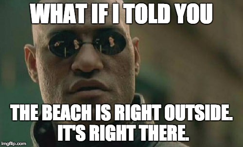 Matrix Morpheus | WHAT IF I TOLD YOU; THE BEACH IS RIGHT OUTSIDE. IT'S RIGHT THERE. | image tagged in memes,matrix morpheus | made w/ Imgflip meme maker