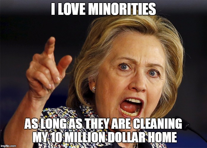 Hillary | I LOVE MINORITIES; AS LONG AS THEY ARE CLEANING MY 10 MILLION DOLLAR HOME | image tagged in memes,hillaryclinton | made w/ Imgflip meme maker