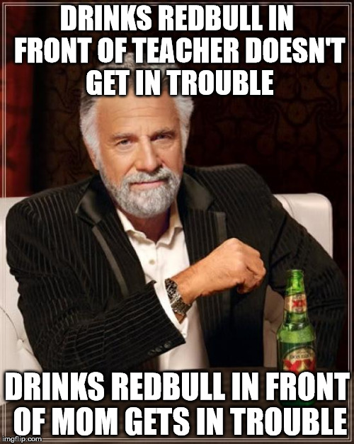 The Most Interesting Man In The World Meme | DRINKS REDBULL IN FRONT OF TEACHER DOESN'T GET IN TROUBLE; DRINKS REDBULL IN FRONT OF MOM GETS IN TROUBLE | image tagged in memes,the most interesting man in the world | made w/ Imgflip meme maker