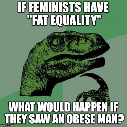 Philosoraptor | IF FEMINISTS HAVE "FAT EQUALITY"; WHAT WOULD HAPPEN IF THEY SAW AN OBESE MAN? | image tagged in memes,philosoraptor | made w/ Imgflip meme maker