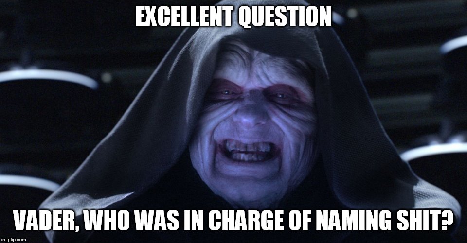 The Emperor Smiling | EXCELLENT QUESTION VADER, WHO WAS IN CHARGE OF NAMING SHIT? | image tagged in the emperor smiling | made w/ Imgflip meme maker