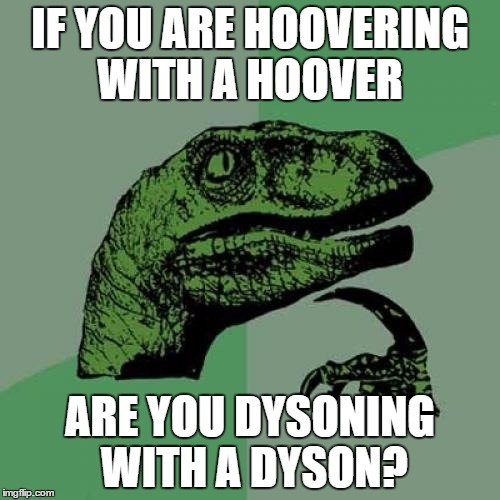Philosoraptor Meme | IF YOU ARE HOOVERING WITH A HOOVER; ARE YOU DYSONING WITH A DYSON? | image tagged in memes,philosoraptor,hoovering,dyson | made w/ Imgflip meme maker