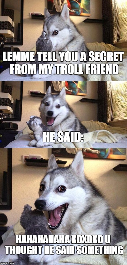 Bad Pun Dog | LEMME TELL YOU A SECRET FROM MY TROLL FRIEND; HE SAID:; HAHAHAHAHA XDXDXD U THOUGHT HE SAID SOMETHING | image tagged in memes,bad pun dog | made w/ Imgflip meme maker