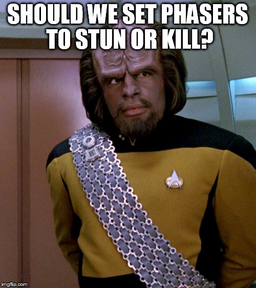 Lt Worf - Not A Good Idea Sir | SHOULD WE SET PHASERS TO STUN OR KILL? | image tagged in lt worf - not a good idea sir | made w/ Imgflip meme maker