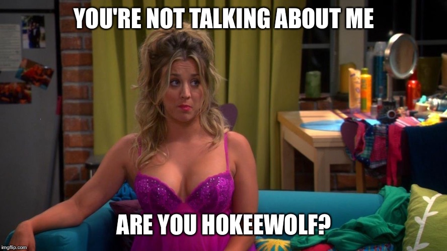 YOU'RE NOT TALKING ABOUT ME ARE YOU HOKEEWOLF? | image tagged in penny - lingerie | made w/ Imgflip meme maker