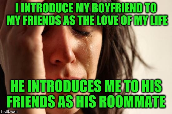 First World Problems Meme | I INTRODUCE MY BOYFRIEND TO MY FRIENDS AS THE LOVE OF MY LIFE; HE INTRODUCES ME TO HIS FRIENDS AS HIS ROOMMATE | image tagged in memes,first world problems | made w/ Imgflip meme maker