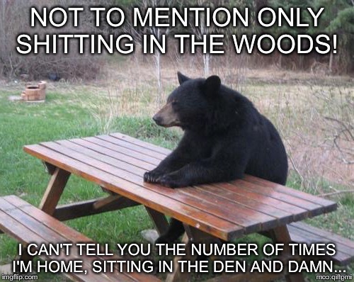 NOT TO MENTION ONLY SHITTING IN THE WOODS! I CAN'T TELL YOU THE NUMBER OF TIMES I'M HOME, SITTING IN THE DEN AND DAMN... | made w/ Imgflip meme maker