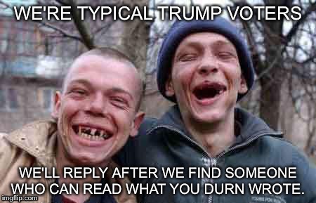 WE'RE TYPICAL TRUMP VOTERS WE'LL REPLY AFTER WE FIND SOMEONE WHO CAN READ WHAT YOU DURN WROTE. | made w/ Imgflip meme maker