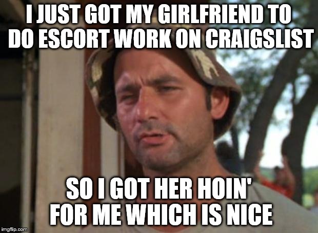 So I Got That Goin For Me Which Is Nice Meme | I JUST GOT MY GIRLFRIEND TO DO ESCORT WORK ON CRAIGSLIST; SO I GOT HER HOIN' FOR ME WHICH IS NICE | image tagged in memes,so i got that goin for me which is nice | made w/ Imgflip meme maker