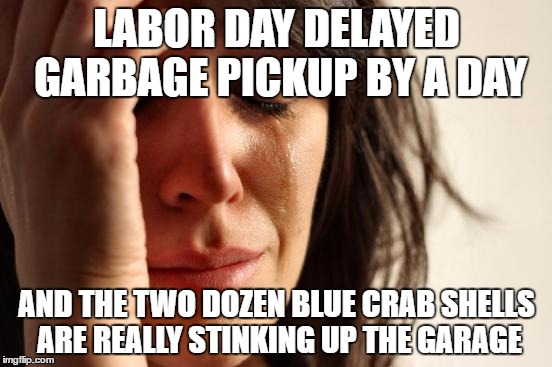 crabs | LABOR DAY DELAYED GARBAGE PICKUP BY A DAY; AND THE TWO DOZEN BLUE CRAB SHELLS ARE REALLY STINKING UP THE GARAGE | image tagged in memes,first world problems | made w/ Imgflip meme maker