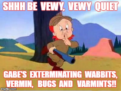 elmer fudd | SHHH BE  VEWY,  VEWY  QUIET; GABE'S  EXTERMINATING  WABBITS, VERMIN,   BUGS  AND   VARMINTS!! | image tagged in elmer fudd | made w/ Imgflip meme maker