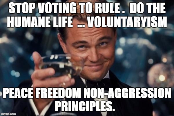 Leonardo Dicaprio Cheers Meme | STOP VOTING TO RULE .  DO THE HUMANE LIFE  ... VOLUNTARYISM; PEACE FREEDOM NON-AGGRESSION PRINCIPLES. | image tagged in memes,leonardo dicaprio cheers | made w/ Imgflip meme maker