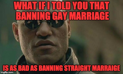 Matrix Morpheus Meme | WHAT IF I TOLD YOU THAT BANNING GAY MARRIAGE; IS AS BAD AS BANNING STRAIGHT MARRAIGE | image tagged in memes,matrix morpheus | made w/ Imgflip meme maker