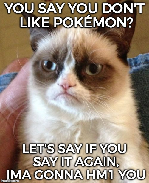 HM1 = Cut in Pokémon | YOU SAY YOU DON'T LIKE POKÉMON? LET'S SAY IF YOU SAY IT AGAIN, IMA GONNA HM1 YOU | image tagged in memes,grumpy cat | made w/ Imgflip meme maker