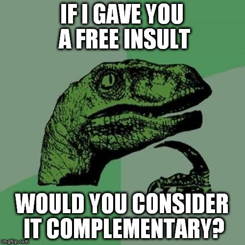 Philosoraptor | IF I GAVE YOU A FREE INSULT; WOULD YOU CONSIDER IT COMPLEMENTARY? | image tagged in memes,philosoraptor | made w/ Imgflip meme maker