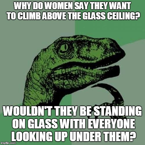 Philosoraptor Meme | WHY DO WOMEN SAY THEY WANT TO CLIMB ABOVE THE GLASS CEILING? WOULDN'T THEY BE STANDING ON GLASS WITH EVERYONE LOOKING UP UNDER THEM? | image tagged in memes,philosoraptor | made w/ Imgflip meme maker