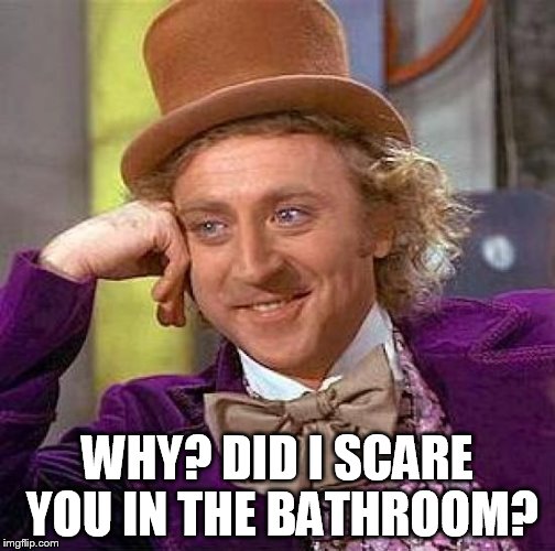 Creepy Condescending Wonka Meme | WHY? DID I SCARE YOU IN THE BATHROOM? | image tagged in memes,creepy condescending wonka | made w/ Imgflip meme maker