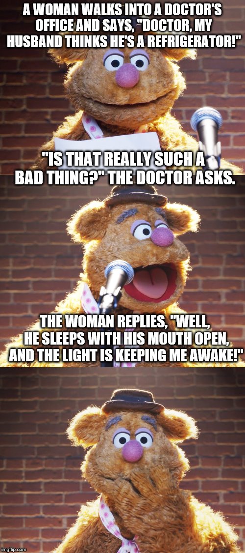 Fozzie Jokes | A WOMAN WALKS INTO A DOCTOR'S OFFICE AND SAYS, "DOCTOR, MY HUSBAND THINKS HE'S A REFRIGERATOR!"; "IS THAT REALLY SUCH A BAD THING?" THE DOCTOR ASKS. THE WOMAN REPLIES, "WELL, HE SLEEPS WITH HIS MOUTH OPEN, AND THE LIGHT IS KEEPING ME AWAKE!" | image tagged in fozzie jokes,memes,inferno390,doctors | made w/ Imgflip meme maker