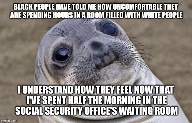 I don't know why they were there and don't care but I was one of two white people out of at least 40 | BLACK PEOPLE HAVE TOLD ME HOW UNCOMFORTABLE THEY ARE SPENDING HOURS IN A ROOM FILLED WITH WHITE PEOPLE; I UNDERSTAND HOW THEY FEEL NOW THAT I'VE SPENT HALF THE MORNING IN THE SOCIAL SECURITY OFFICE'S WAITING ROOM | image tagged in memes,awkward moment sealion | made w/ Imgflip meme maker