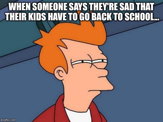 Futurama Fry | WHEN SOMEONE SAYS THEY'RE SAD THAT THEIR KIDS HAVE TO GO BACK TO SCHOOL... | image tagged in memes,futurama fry | made w/ Imgflip meme maker