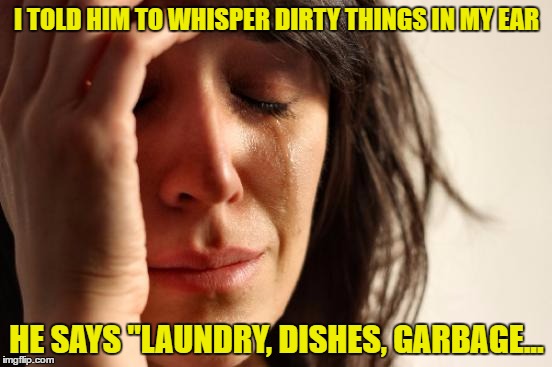 First World Problems Meme | I TOLD HIM TO WHISPER DIRTY THINGS IN MY EAR; HE SAYS "LAUNDRY, DISHES, GARBAGE... | image tagged in memes,first world problems | made w/ Imgflip meme maker