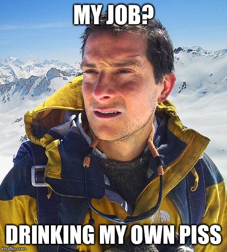 Bear Grylls | MY JOB? DRINKING MY OWN PISS | image tagged in memes,bear grylls | made w/ Imgflip meme maker