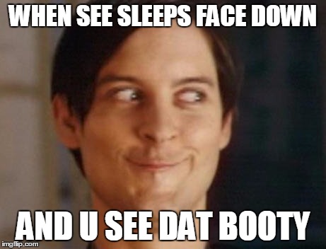 Spiderman Peter Parker Meme | WHEN SEE SLEEPS FACE DOWN; AND U SEE DAT BOOTY | image tagged in memes,spiderman peter parker | made w/ Imgflip meme maker